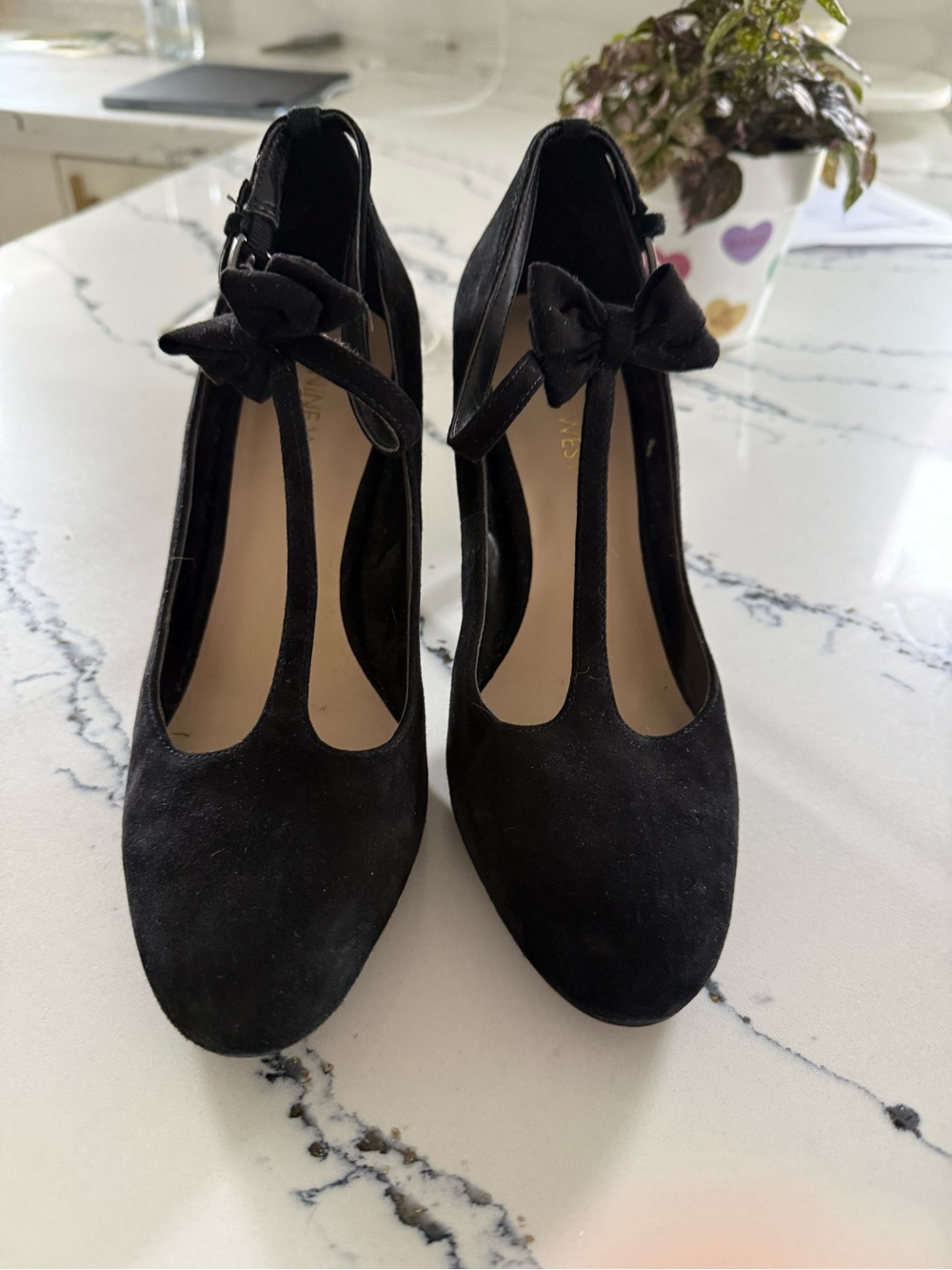 Nine West Black Suede T-Strap Heels with Bow Accent